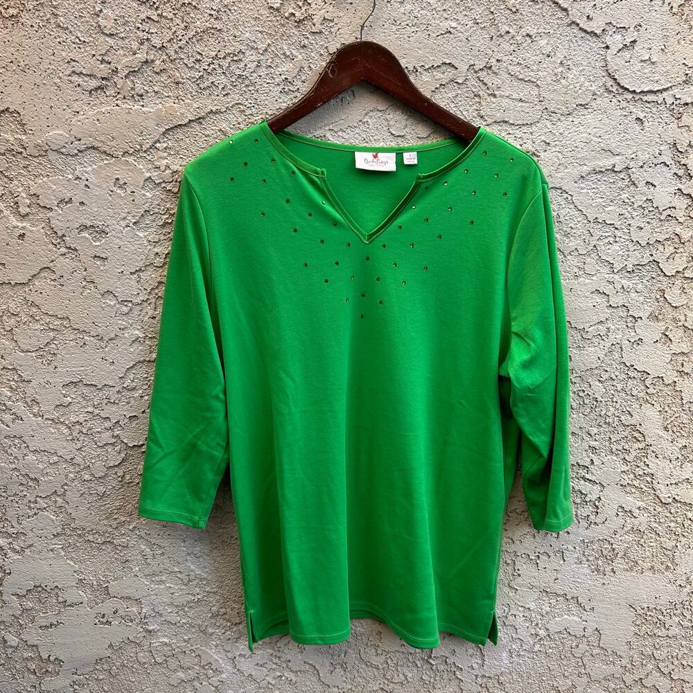 Quacker Factory Sequin Rhinestone Satin Trim 3/4 Sleeve Top Women’s L